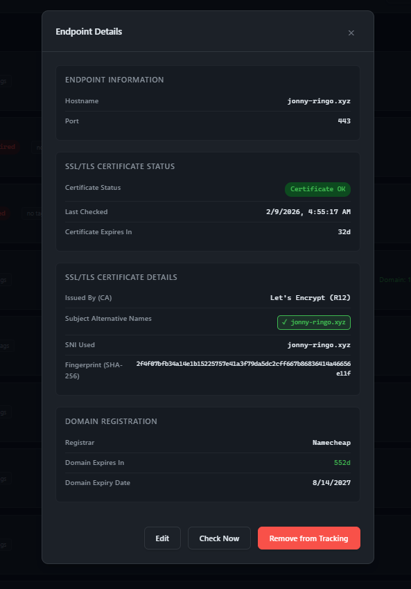 Endpoint detail modal with certificate information
