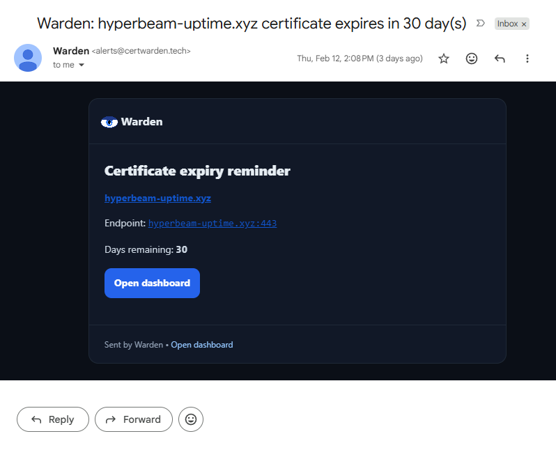 Email notification example showing certificate alerts